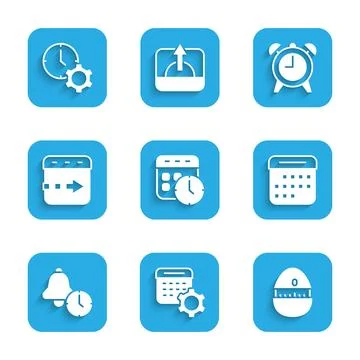 Set Calendar and clock settings Kitchen timer Alarm Time flies on the and man Stock Illustration