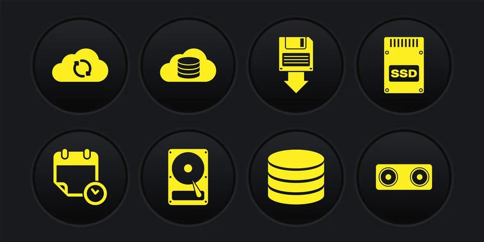 Set Calendar and clock, SSD card, Hard disk drive HDD, Database, Floppy backup Illustrazione stock