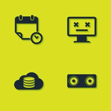 Set Calendar and clock, Stereo speaker, Cloud database and Dead monitor icon Stock Illustration