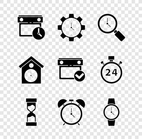 Set Calendar and clock, Time Management, Magnifying glass with, Old hourglass Stock Illustration
