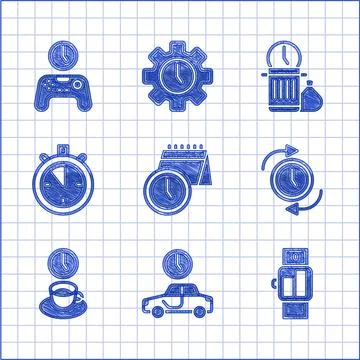 Set Calendar and clock, Time to travel, Smartwatch, Clock with arrow, Coffee Stock Illustration