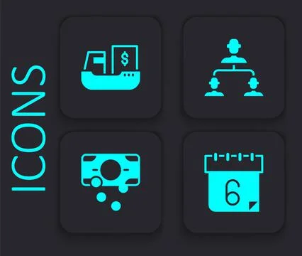 Set Calendar, Cargo ship with boxes delivery, Employee hierarchy and Stacks Stock Illustration