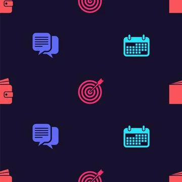 Set Calendar, Chat, Target with arrow and Wallet on seamless pattern. Vector Illustrazione stock