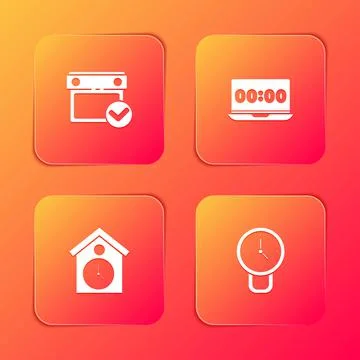 Set Calendar with check mark, Clock on laptop, Retro wall watch and icon. Vector Illustrazione stock
