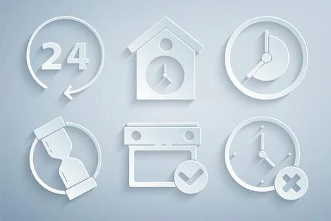 Set Calendar with check mark, Clock, Old hourglass, delete, Retro wall watch and Illustrazione stock