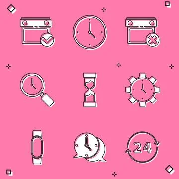 Set Calendar with check mark, Clock, date delete, Magnifying glass clock, Old Illustrazione stock