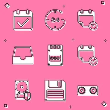 Set Calendar with check mark, Clock 24 hours, and clock, Social media inbox, SSD Stock Illustration