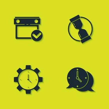 Set Calendar with check mark, Clock speech bubble, Time Management and Old ho Illustrazione stock