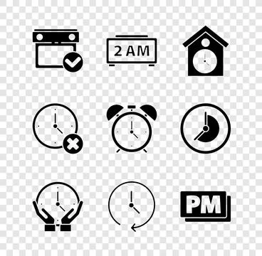 Set Calendar with check mark, Digital alarm clock, Retro wall watch, Clock,.. Stock Illustration