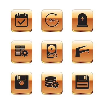 Set Calendar with check mark, Floppy disk, Setting database server, Hard drive イラスト素材