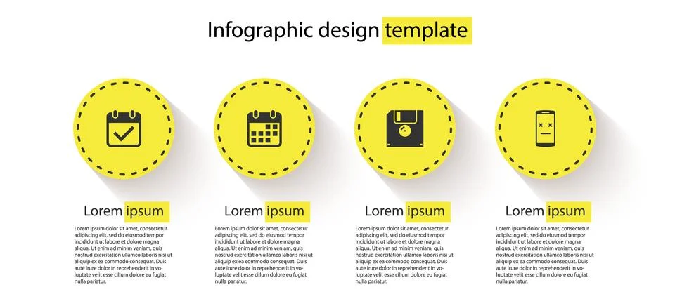 Set Calendar with check mark, , Floppy disk and Dead mobile. Business Stock Illustration