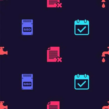 Set Calendar with check mark, SSD card, Delete file document and Water tap on 스톡 일러스트