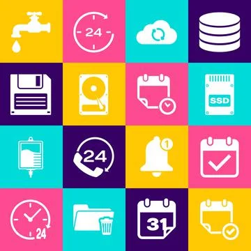 Set Calendar with check mark, , SSD card, Cloud sync refresh, Hard disk drive Stock Illustration
