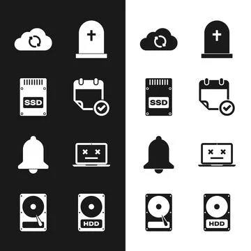 Set Calendar with check mark, SSD card, Cloud sync refresh, Tombstone cross.. Illustrazione stock