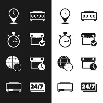 Set Calendar with check mark, Stopwatch, Location clock, Digital alarm, World Illustrazione stock
