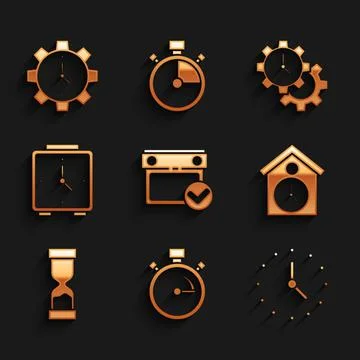 Set Calendar with check mark, Stopwatch, Clock, Retro wall, Old hourglass, Alarm Stock Illustration