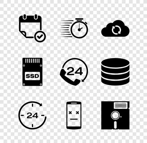 Set Calendar with check mark, Stopwatch, Cloud sync refresh, Clock 24 hours Illustrazione stock