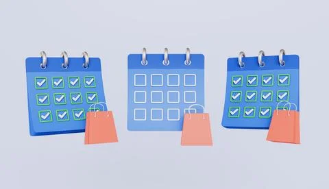 Set Calendar with checkmark sign and shopping bag for shopping online concept Stock Illustration