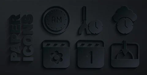 Set Calendar, Clock, spring, Sunset, Cleaning time and Morning icon. Vector Illustrazione stock