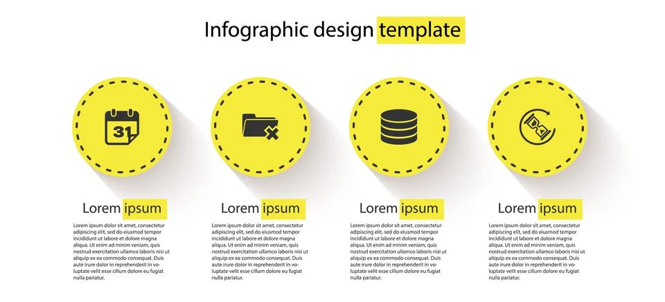 Set Calendar, Delete folder, Database and Waiting. Business infographic templ Stock Illustration
