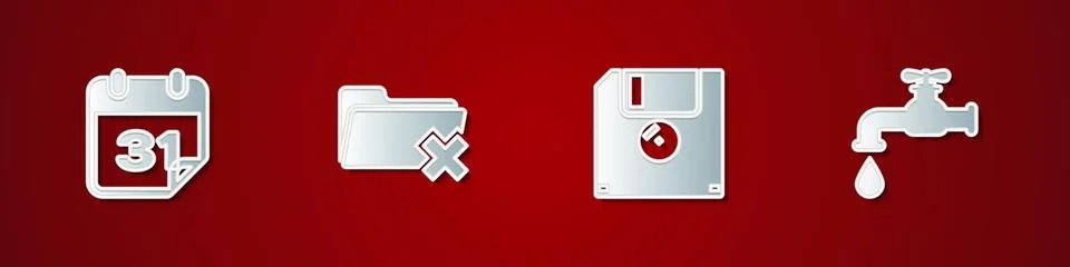 Set Calendar, Delete folder, Floppy disk and Water tap icon. Vector Stock Illustration