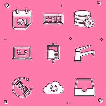 Set Calendar, Digital alarm clock, Setting database server, Dead laptop, IV.. Illustrazione stock