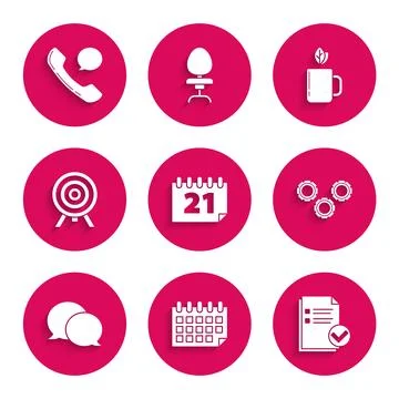 Set Calendar, Document and check mark, Gear, Speech bubble chat, Target, Cu.. Stock Illustration