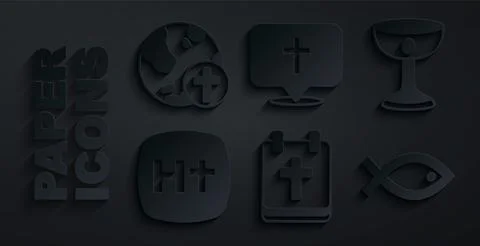 Set Calendar with Easter, Christian chalice, cross, fish symbol, Location church 스톡 일러스트