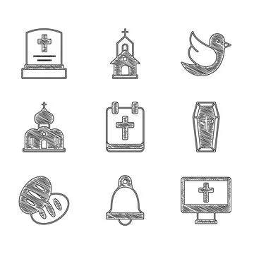 Set Calendar with Easter, Church bell, Christian cross on monitor, Coffin, br Stock Illustration