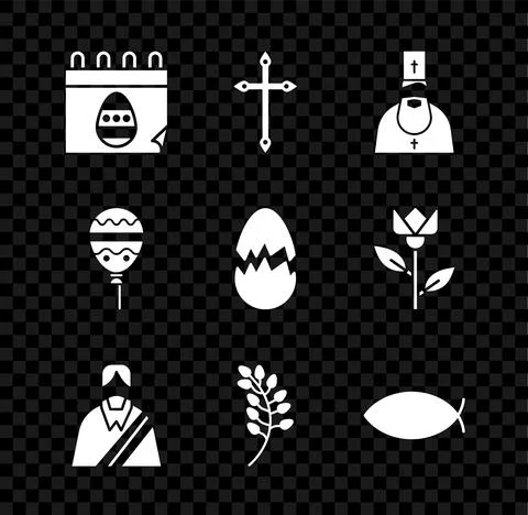 Set Calendar with Easter egg, Christian cross, Priest, Jesus, Willow leaf, fish Stock Illustration