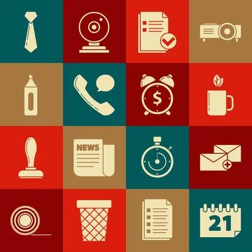 Set Calendar, Envelope, Cup of tea and leaf, Document check mark, Telephone Stock Illustration