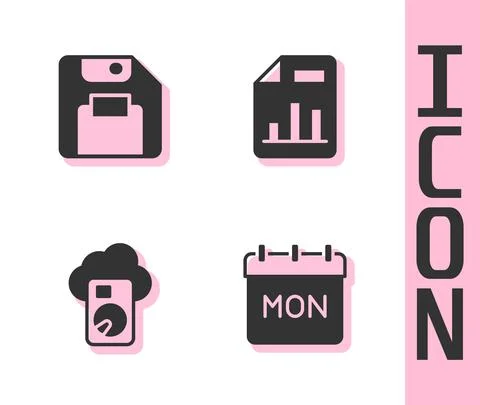 Set Calendar, Floppy disk, Cloud database and Document with graph chart icon 스톡 일러스트