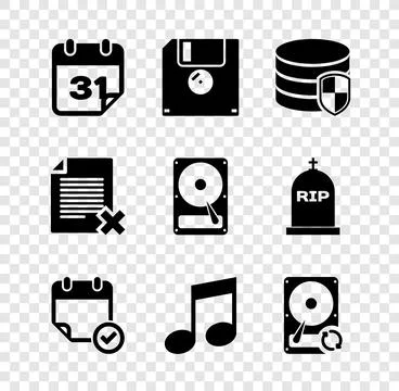 Set Calendar, Floppy disk, Database protection, with check mark, Music note.. Illustrazione stock