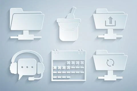 Set Calendar, FTP folder upload, Headphones with speech bubble, sync refres.. Illustrazione stock
