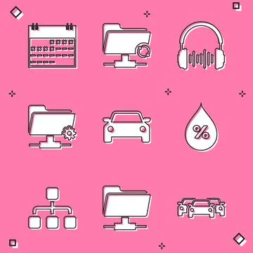 Set Calendar, FTP sync refresh, Headphone and sound waves, settings folder, Car Stock Illustration