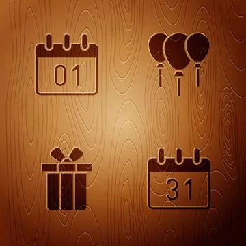 Set Calendar, , Gift box and Balloons with ribbon on wooden background. Vector イラスト素材