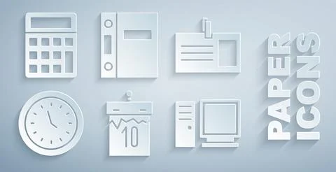 Set Calendar, Identification badge, Clock, Computer monitor, Office folders and Stock Illustration