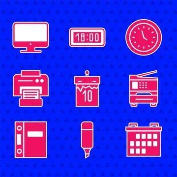 Set Calendar, Marker pen, Printer, Office folders, Clock and Computer monitor Stock Illustration