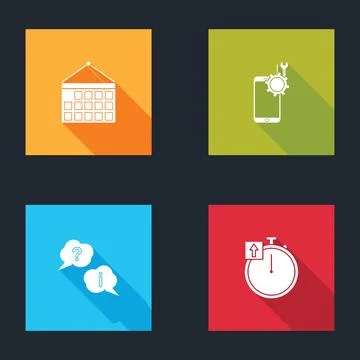 Set Calendar, Mobile service, Question and Exclamation and Stopwatch icon. Ve Illustrazione stock