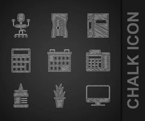 Set Calendar, Plant in pot, Computer monitor screen, Telephone, Glue, Calculator Illustrazione stock