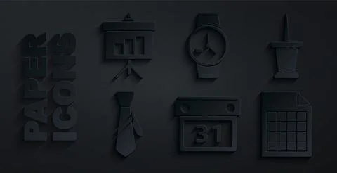 Set Calendar, Push pin, Tie, File document, Wrist watch and Chalkboard with d Stock Illustration