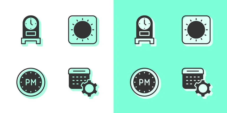 Set Calendar settings, Antique clock, Day time and Sun icon. Vector Stock Illustration