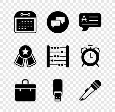 Set Calendar, Speech bubble chat, bubbles with Answer, Briefcase, USB flash.. Illustrazione stock