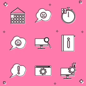 Set Calendar, Speech bubble with sad smile, Stopwatch, face, Computer monitor Stock Illustration