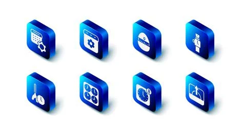 Set Calendar spring, Kitchen timer, Wrist watch, Sunrise, Alarm clock app mobile Stock Illustration