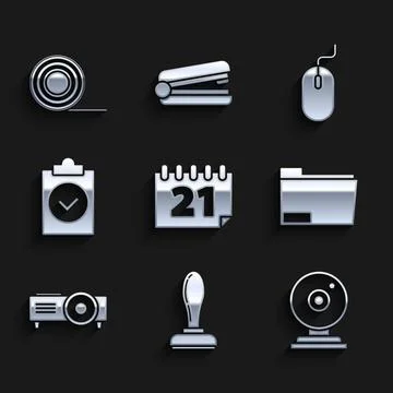 Set Calendar, Stamp, Web camera, Document folder, Presentation, movie, film Stock Illustration
