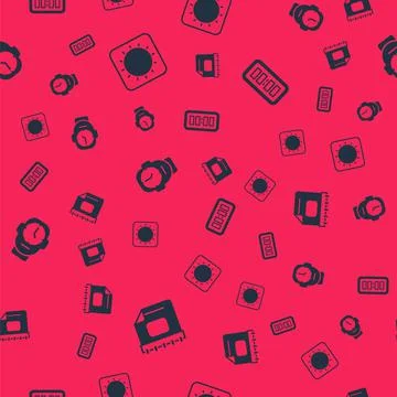 Set Calendar, Sun, Clock and Digital alarm clock on seamless pattern. Vector Illustrazione stock