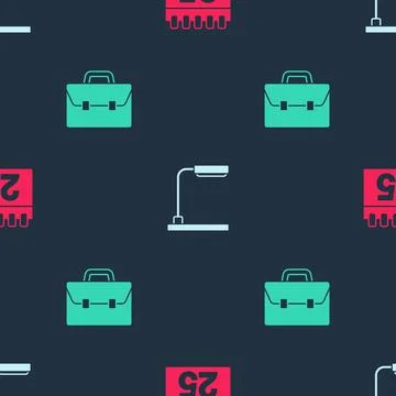 Set Calendar, Table lamp and Briefcase on seamless pattern. Vector Illustration