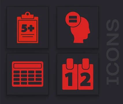 Set Calendar, Test or exam sheet, Calculation and Calculator icon. Vector Stock Illustration