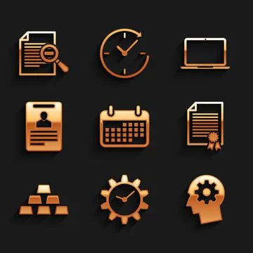 Set Calendar, Time Management, Human head with gear inside, Certificate template Stock Illustration